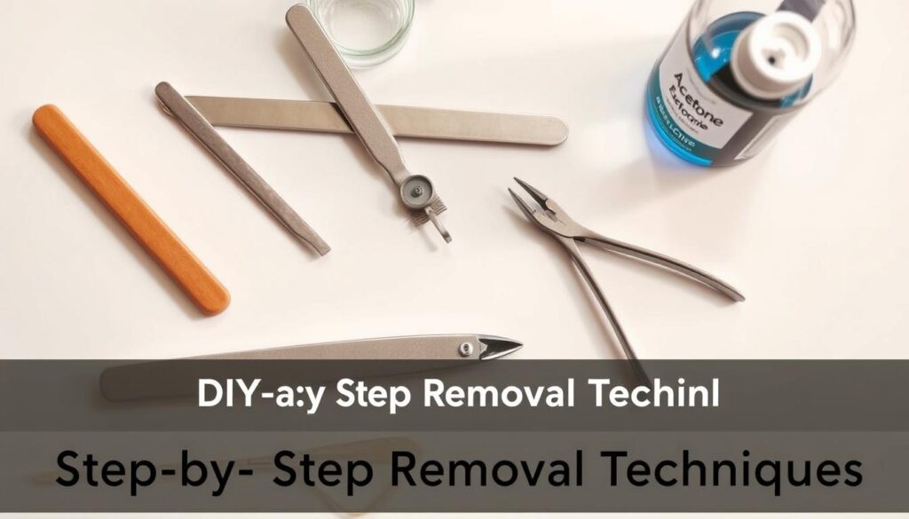 A neatly arranged desktop with various manicure tools and supplies, including a nail file, emery board, cuticle nipper, and bottle of acetone. Soft, diffused lighting illuminates the scene, creating a warm, inviting atmosphere. The tools are positioned in a logical, step-by-step sequence, guiding the viewer through the acrylic removal process. The background is a clean, minimalist surface, allowing the focus to remain on the tools and their intended use. The overall composition conveys a sense of order, efficiency, and attention to detail, perfectly complementing the "Step-by-Step Removal Techniques" section of the DIY guide. A neatly arranged desktop with various manicure tools and supplies, including a nail file, emery board, cuticle nipper, and bottle of acetone. Soft, diffused lighting illuminates the scene, creating a warm, inviting atmosphere. The tools are positioned in a logical, step-by-step sequence, guiding the viewer through the acrylic removal process. The background is a clean, minimalist surface, allowing the focus to remain on the tools and their intended use. The overall composition conveys a sense of order, efficiency, and attention to detail, perfectly complementing the "Step-by-Step Removal Techniques" section of the DIY guide.