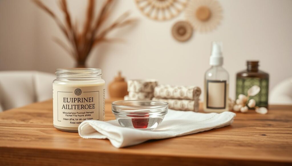 A neatly arranged display of henna aftercare products on a wooden table, with a soothing, earthy-toned color palette. In the foreground, a jar of moisturizing henna aftercare balm, a soft cotton cloth, and a small glass bowl filled with rose water. In the middle ground, a stack of henna-patterned bandages and a small spray bottle. The background features a tranquil, minimalist setting with neutral-toned wall decor, creating a calming, spa-like atmosphere. Soft, diffused lighting from above casts a gentle glow, emphasizing the natural, organic elements. The overall composition conveys a sense of care, relaxation, and the importance of proper henna tattoo maintenance. A neatly arranged display of henna aftercare products on a wooden table, with a soothing, earthy-toned color palette. In the foreground, a jar of moisturizing henna aftercare balm, a soft cotton cloth, and a small glass bowl filled with rose water. In the middle ground, a stack of henna-patterned bandages and a small spray bottle. The background features a tranquil, minimalist setting with neutral-toned wall decor, creating a calming, spa-like atmosphere. Soft, diffused lighting from above casts a gentle glow, emphasizing the natural, organic elements. The overall composition conveys a sense of care, relaxation, and the importance of proper henna tattoo maintenance.