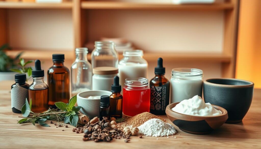 A neatly arranged display of natural nail treatment products on a wooden surface, illuminated by warm, diffused lighting. In the foreground, a selection of essential oils, herbs, and other natural ingredients commonly used for nail care. In the middle ground, various glass jars and ceramic bowls filled with homemade nail masks, scrubs, and moisturizers. The background features a minimalist, clean-lined wooden shelving unit, hinting at a simple, spa-like setting. The overall mood is one of tranquility, wellness, and a back-to-basics approach to nail health. A neatly arranged display of natural nail treatment products on a wooden surface, illuminated by warm, diffused lighting. In the foreground, a selection of essential oils, herbs, and other natural ingredients commonly used for nail care. In the middle ground, various glass jars and ceramic bowls filled with homemade nail masks, scrubs, and moisturizers. The background features a minimalist, clean-lined wooden shelving unit, hinting at a simple, spa-like setting. The overall mood is one of tranquility, wellness, and a back-to-basics approach to nail health.