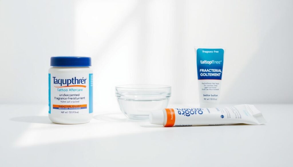 A neatly arranged display of tattoo aftercare ingredients on a clean, white background. In the foreground, a bottle of Aquaphor, a jar of unscented fragrance-free moisturizer, and a tube of fragrance-free antibacterial ointment stand prominently. The middle ground features a small bowl of sterile saline solution and a clean, soft cloth. The background is illuminated by soft, natural lighting, creating a calming, clinical atmosphere. The composition emphasizes the key elements needed for proper tattoo aftercare, conveying a sense of professionalism and attention to detail. A neatly arranged display of tattoo aftercare ingredients on a clean, white background. In the foreground, a bottle of Aquaphor, a jar of unscented fragrance-free moisturizer, and a tube of fragrance-free antibacterial ointment stand prominently. The middle ground features a small bowl of sterile saline solution and a clean, soft cloth. The background is illuminated by soft, natural lighting, creating a calming, clinical atmosphere. The composition emphasizes the key elements needed for proper tattoo aftercare, conveying a sense of professionalism and attention to detail.