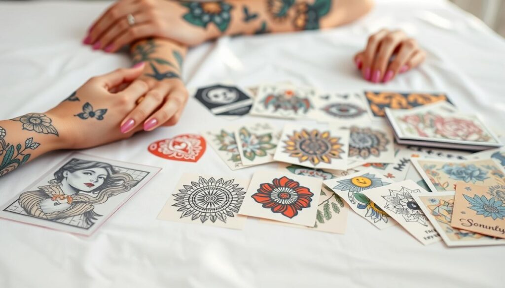 A neatly arranged display of temporary tattoos on a clean, white background. The tattoos are vibrant, showcasing a variety of intricate designs and patterns. The foreground features a few tattoos being applied to a model's skin, highlighting the ease and convenience of temporary body art. The middle ground includes several loose tattoos, each with a unique theme or style. In the background, a soft, blurred image of a person's arm or hand, emphasizing the seamless integration of temporary tattoos with the human form. The lighting is soft and diffused, creating a natural, inviting atmosphere. The overall composition conveys the benefits of temporary tattoos, such as their versatility, customizability, and low-commitment nature.