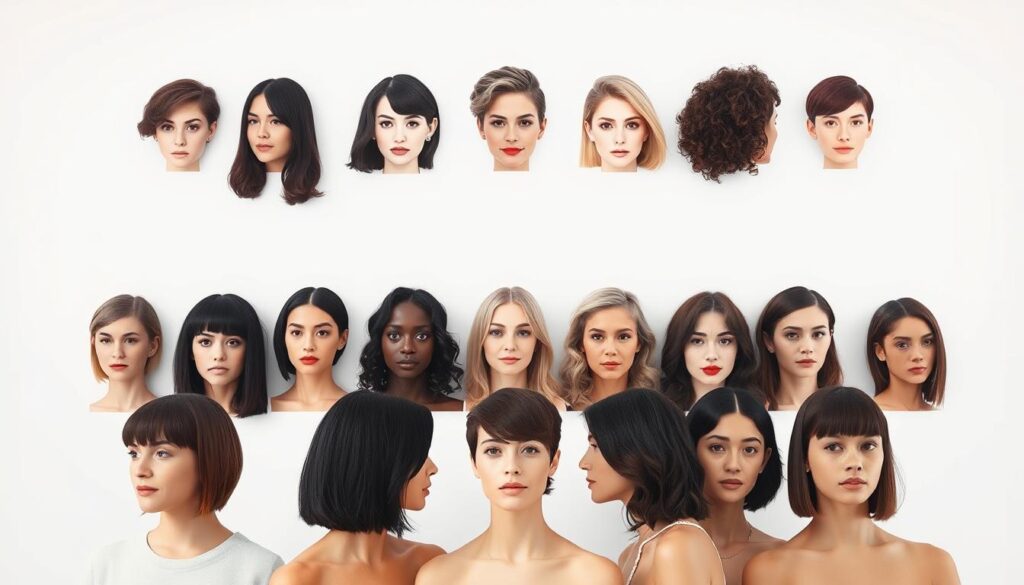 A neatly arranged set of diverse female hairstyles and face shapes, captured in a clean, minimalist studio setting. The foreground showcases a range of stylish haircuts - from a sleek bob to a textured shag, each tailored to a specific facial structure. The middle ground features a variety of face shapes - oval, round, square, heart-shaped - against a plain, neutral background, allowing the focus to remain on the hair and facial features. Soft, even lighting from above creates a professional, editorial feel, while a slightly elevated camera angle provides an engaging, eye-level perspective. The overall mood is one of aspirational, trend-setting style and personal aesthetic. A neatly arranged set of diverse female hairstyles and face shapes, captured in a clean, minimalist studio setting. The foreground showcases a range of stylish haircuts - from a sleek bob to a textured shag, each tailored to a specific facial structure. The middle ground features a variety of face shapes - oval, round, square, heart-shaped - against a plain, neutral background, allowing the focus to remain on the hair and facial features. Soft, even lighting from above creates a professional, editorial feel, while a slightly elevated camera angle provides an engaging, eye-level perspective. The overall mood is one of aspirational, trend-setting style and personal aesthetic.