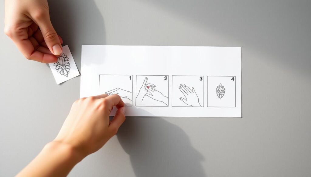 A neatly arranged set of temporary tattoo application steps, captured under bright natural lighting with a sharp focus. In the foreground, a hand gently placing a temporary tattoo design onto clean, smooth skin. In the middle ground, a step-by-step sequence showcasing the application process - wetting the tattoo, positioning it, and pressing firmly to transfer the design. The background features a minimalist, neutral backdrop, allowing the application steps to take center stage. The overall mood is informative and instructional, guiding the viewer through the simple yet precise technique of applying temporary tattoos.