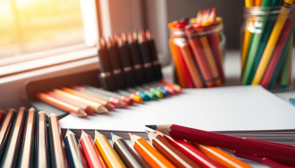 A neatly arranged still life of coloring tools and materials, lit by warm, natural lighting from a window. In the foreground, a set of high-quality colored pencils, their vibrant hues and sharp tips poised for creative expression. Behind them, a sketchpad with a blank page, inviting the viewer to imagine the artworks that will spring to life. In the middle ground, a set of marker pens in a variety of shades, their tips peeking out from a sleek case. In the background, a jar of colorful wax crayons, their worn tips hinting at the countless works of art they have helped create. The overall mood is one of artistic anticipation, inspiring the viewer to pick up their tools and begin their own coloring journey.