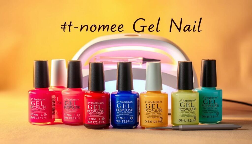 A neatly arranged still life of essential gel nail supplies, bathed in warm, diffused lighting. In the foreground, an array of gel nail polish bottles in a range of vibrant colors, their labels clearly visible. In the middle ground, a UV/LED lamp, a nail file, and a cuticle pusher, all resting on a neutral-toned surface. The background features a soft, out-of-focus backdrop, adding a sense of depth and focus to the scene. The overall composition conveys a sense of order, professionalism, and attention to detail, perfectly suited for a tutorial on at-home gel nail application. A neatly arranged still life of essential gel nail supplies, bathed in warm, diffused lighting. In the foreground, an array of gel nail polish bottles in a range of vibrant colors, their labels clearly visible. In the middle ground, a UV/LED lamp, a nail file, and a cuticle pusher, all resting on a neutral-toned surface. The background features a soft, out-of-focus backdrop, adding a sense of depth and focus to the scene. The overall composition conveys a sense of order, professionalism, and attention to detail, perfectly suited for a tutorial on at-home gel nail application.