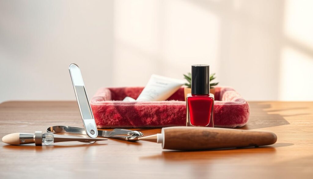 A neatly arranged still life on a wooden table, bathed in warm, natural lighting. In the foreground, an assortment of premium nail care products - a crystal glass nail file, a sleek metal nail clipper, a wooden cuticle pusher, and a bottle of high-quality nail polish in a rich, glossy hue. The middle ground features a plush, velvet-lined manicure tray, complemented by a luxurious hand cream and a small potted succulent. The background showcases a minimalist, yet elegant, white wall, creating a serene and inviting atmosphere for a relaxing nail care routine. A neatly arranged still life on a wooden table, bathed in warm, natural lighting. In the foreground, an assortment of premium nail care products - a crystal glass nail file, a sleek metal nail clipper, a wooden cuticle pusher, and a bottle of high-quality nail polish in a rich, glossy hue. The middle ground features a plush, velvet-lined manicure tray, complemented by a luxurious hand cream and a small potted succulent. The background showcases a minimalist, yet elegant, white wall, creating a serene and inviting atmosphere for a relaxing nail care routine.