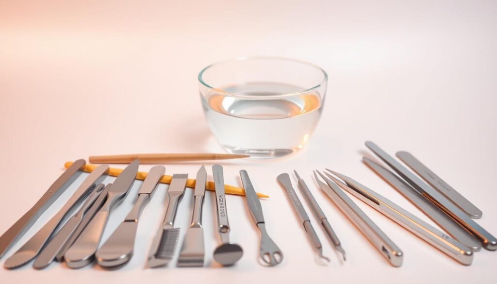 A neatly arranged still life scene of gel nail removal tools on a clean, white surface. In the foreground, an array of metal cuticle pushers, nail buffers, and a pair of tweezers in shiny silver tones. In the middle ground, a glass bowl filled with acetone nail polish remover, alongside a nail file and a wooden orange stick. The background features a soft, evenly lit backdrop, creating a professional, minimalist aesthetic. Lighting is warm and diffused, accentuating the metallic and glass textures. The overall composition conveys a sense of order and clarity, highlighting the essential tools needed for a successful gel nail removal process.