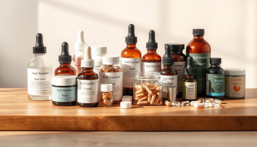 A neatly arranged still life scene of various nail hardeners and supplements. In the foreground, a collection of glass bottles and jars containing different nail strengthening formulas, serums, and supplements. The middle ground features a wooden surface with a clean, minimalist aesthetic, showcasing the products in an organized manner. Soft, warm lighting from the side casts subtle shadows, highlighting the textures and colors of the items. The background is a simple, neutral-toned backdrop, allowing the focus to remain on the nail care products. The overall mood is one of simplicity, efficacy, and professionalism, reflecting the subject of targeted techniques for faster nail growth. A neatly arranged still life scene of various nail hardeners and supplements. In the foreground, a collection of glass bottles and jars containing different nail strengthening formulas, serums, and supplements. The middle ground features a wooden surface with a clean, minimalist aesthetic, showcasing the products in an organized manner. Soft, warm lighting from the side casts subtle shadows, highlighting the textures and colors of the items. The background is a simple, neutral-toned backdrop, allowing the focus to remain on the nail care products. The overall mood is one of simplicity, efficacy, and professionalism, reflecting the subject of targeted techniques for faster nail growth.