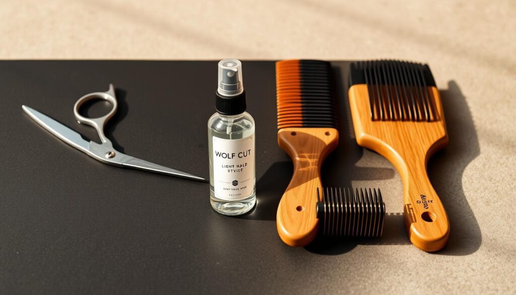 A neatly arranged still life showcasing the essential tools for styling a wolf cut hairstyle. In the foreground, a pair of sharp haircutting scissors, their blades gleaming against a matte black background. Alongside, a wide-toothed comb and a smoothing brush, their wooden handles contrasting with the metallic tones. In the middle ground, a small spray bottle filled with a light-hold hair styling mist, its label visible. The background features a neutral, soft-focused surface, allowing the tools to take center stage. Warm, natural lighting casts gentle shadows, creating depth and emphasizing the tactile quality of the materials. The overall composition exudes a sense of effortless, DIY elegance - the perfect visual accompaniment to a guide on styling the wolf cut at home.