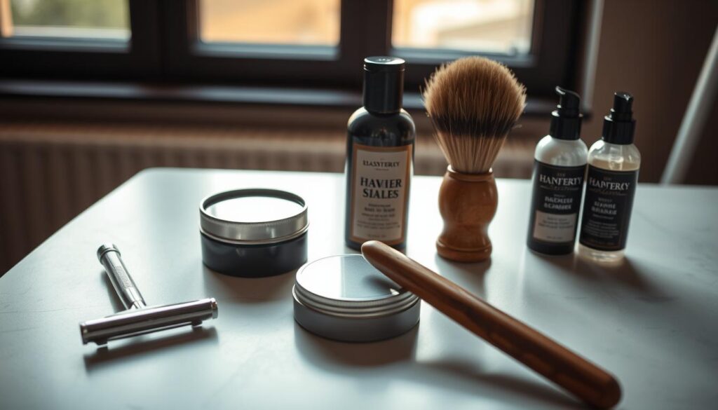 A neatly arranged tabletop showcasing men's grooming essentials - a sleek, chrome razor, a wooden-handled brush, shaving cream in a classic tin, and a selection of high-quality hair products. Soft, natural lighting from a large window casts a warm, inviting glow, highlighting the textures and details of the items. The scene conveys a sense of refined masculinity and the importance of well-crafted, thoughtfully-chosen grooming tools for maintaining a stylish, put-together look. The composition is clean, minimalist, and visually balanced, drawing the viewer's attention to the key elements. A neatly arranged tabletop showcasing men's grooming essentials - a sleek, chrome razor, a wooden-handled brush, shaving cream in a classic tin, and a selection of high-quality hair products. Soft, natural lighting from a large window casts a warm, inviting glow, highlighting the textures and details of the items. The scene conveys a sense of refined masculinity and the importance of well-crafted, thoughtfully-chosen grooming tools for maintaining a stylish, put-together look. The composition is clean, minimalist, and visually balanced, drawing the viewer's attention to the key elements.