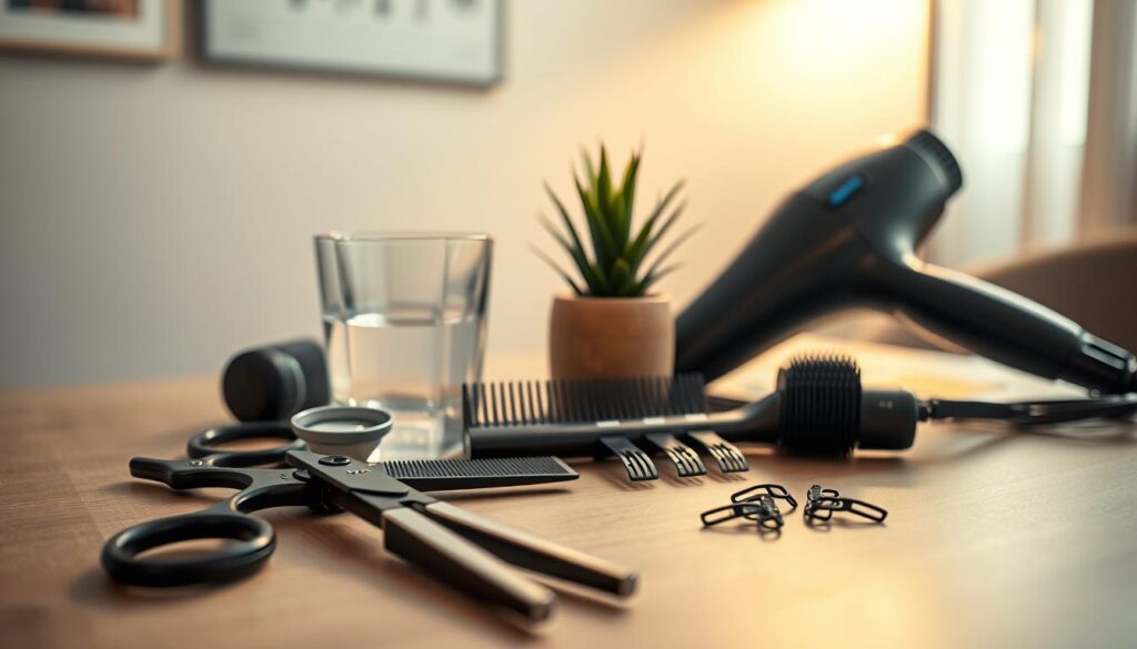 A neatly arranged tabletop showcasing various hairstyling tools and accessories. In the foreground, a pair of sharp haircutting scissors, a comb, and hair clips are positioned alongside a stylized, modern hairdryer. The middle ground features a glass of water and a small potted plant, creating a calming, natural ambiance. The background is softly blurred, with muted tones and minimalist decor, allowing the hairstyling elements to take center stage. Warm, diffused lighting from above casts a gentle glow, highlighting the textures and colors of the scene. The overall composition conveys a sense of effortless, at-home styling and DIY haircut inspiration. A neatly arranged tabletop showcasing various hairstyling tools and accessories. In the foreground, a pair of sharp haircutting scissors, a comb, and hair clips are positioned alongside a stylized, modern hairdryer. The middle ground features a glass of water and a small potted plant, creating a calming, natural ambiance. The background is softly blurred, with muted tones and minimalist decor, allowing the hairstyling elements to take center stage. Warm, diffused lighting from above casts a gentle glow, highlighting the textures and colors of the scene. The overall composition conveys a sense of effortless, at-home styling and DIY haircut inspiration.