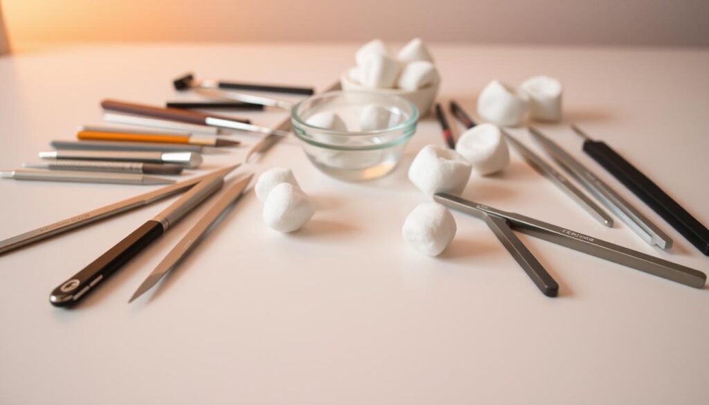 A neatly arranged workspace with an assortment of acrylic nail removal tools laid out on a clean, neutral-toned surface. In the foreground, various implements such as nail files, cuticle pushers, and acetone-soaked cotton balls are precisely positioned. The middle ground features a pair of pointed tweezers and a small bowl, hinting at the process of gently lifting and removing the acrylic material. Soft, diffused lighting casts a warm, inviting glow over the scene, creating a sense of focus and attention to detail. The overall atmosphere conveys a sense of preparedness and care, reflecting the delicate nature of the DIY acrylic nail removal process. A neatly arranged workspace with an assortment of acrylic nail removal tools laid out on a clean, neutral-toned surface. In the foreground, various implements such as nail files, cuticle pushers, and acetone-soaked cotton balls are precisely positioned. The middle ground features a pair of pointed tweezers and a small bowl, hinting at the process of gently lifting and removing the acrylic material. Soft, diffused lighting casts a warm, inviting glow over the scene, creating a sense of focus and attention to detail. The overall atmosphere conveys a sense of preparedness and care, reflecting the delicate nature of the DIY acrylic nail removal process.
