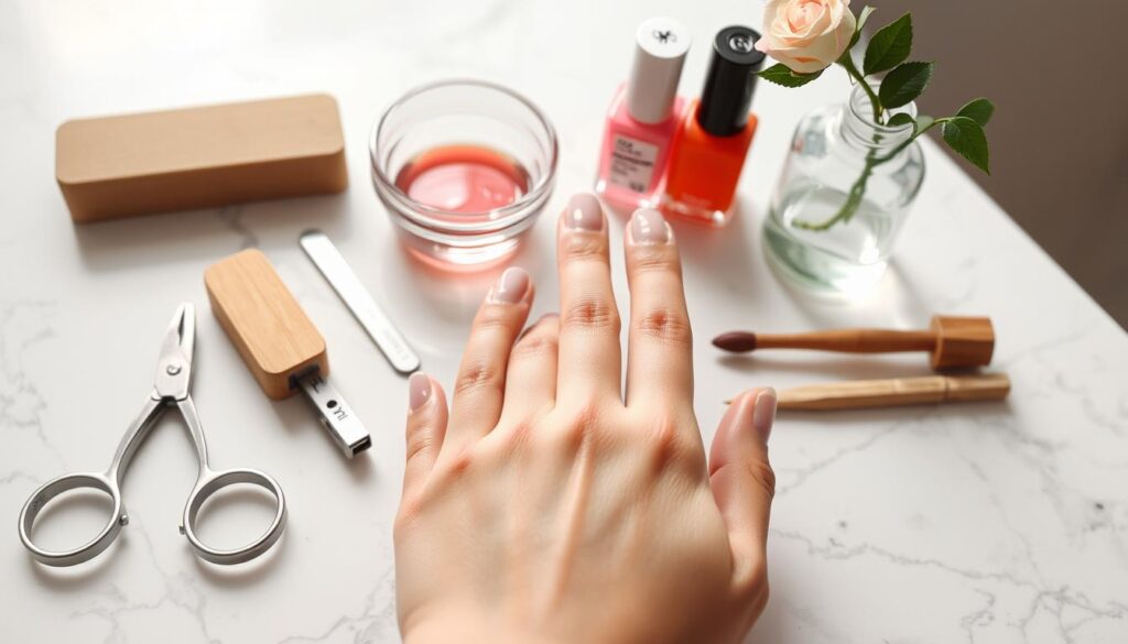 A neatly manicured hand rests on a white marble surface, showcasing a range of nail care tools arranged artfully. In the foreground, a pair of precision nail clippers, a buffer block, and a glass nail file catch the soft, even lighting. The middle ground features a small glass bowl filled with rose-scented cuticle oil, a wooden cuticle pusher, and a selection of brightly colored nail polish bottles. In the background, a minimalist glass vase holds a single stem of a delicate, pale pink rose, adding a touch of elegance. The overall mood is one of serene, intentional self-care, inviting the viewer to imagine themselves indulging in a relaxing nail care routine. A neatly manicured hand rests on a white marble surface, showcasing a range of nail care tools arranged artfully. In the foreground, a pair of precision nail clippers, a buffer block, and a glass nail file catch the soft, even lighting. The middle ground features a small glass bowl filled with rose-scented cuticle oil, a wooden cuticle pusher, and a selection of brightly colored nail polish bottles. In the background, a minimalist glass vase holds a single stem of a delicate, pale pink rose, adding a touch of elegance. The overall mood is one of serene, intentional self-care, inviting the viewer to imagine themselves indulging in a relaxing nail care routine.