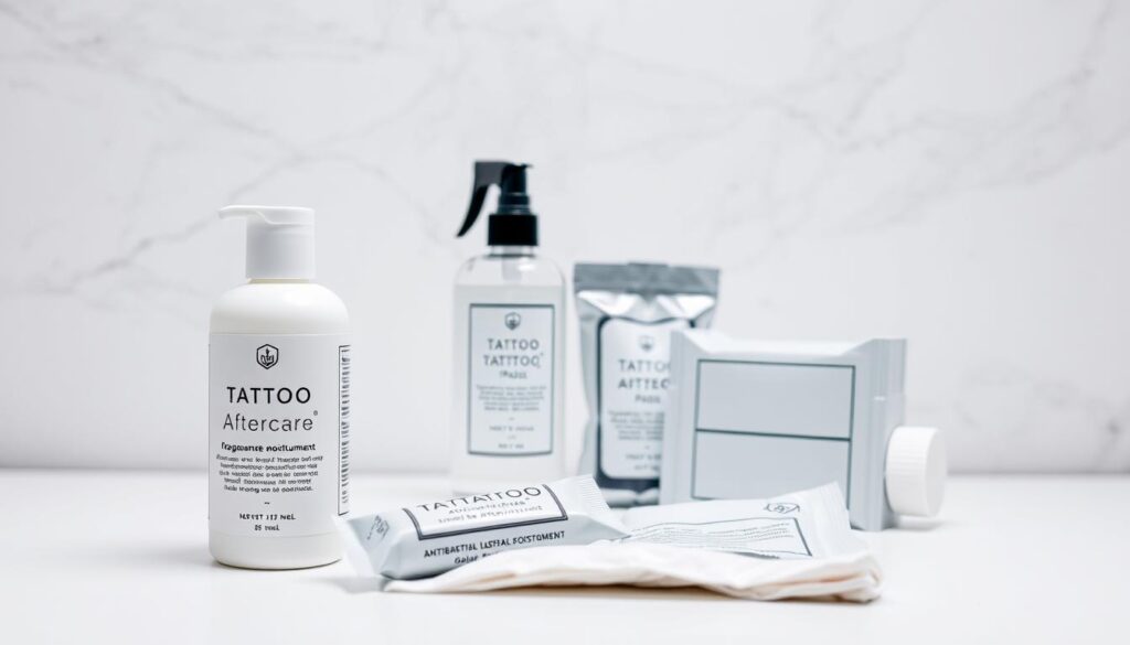 A neatly organized arrangement of essential tattoo aftercare items on a clean, white surface. In the foreground, a bottle of fragrance-free moisturizer, a small tube of antibacterial ointment, and a package of sterile gauze pads. In the middle ground, a small spray bottle filled with a saline solution and a clean, soft cloth. The background features a minimalist design with muted gray tones, conveying a sense of simplicity and focus. Soft, diffused lighting from above illuminates the scene, creating a calming and hygienic atmosphere. The overall composition emphasizes the importance of a dedicated tattoo aftercare routine for optimal healing and long-term tattoo vibrancy.