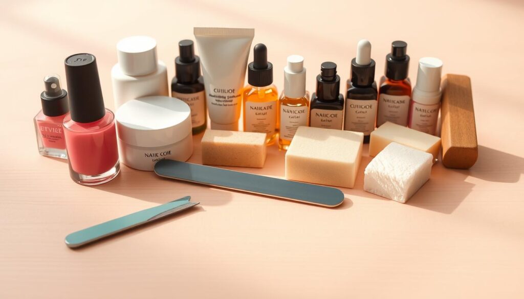 A neatly organized array of nail care essentials rests on a soft, pastel-hued background. In the foreground, a bottle of nail polish and a nail file lie atop a wooden surface, casting delicate shadows. The middle ground features an assortment of moisturizing creams, cuticle oils, and buffing blocks, all arranged with a sense of balance and elegance. Warm, diffused lighting creates a soothing, spa-like ambiance, highlighting the textures and colors of the products. The overall composition conveys a calming, inviting atmosphere, guiding the viewer towards practical, effective nail care tips.