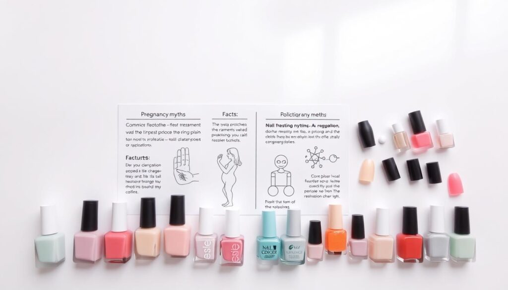A neatly organized array of pregnancy nail myths and facts, presented on a clean white background. In the foreground, a variety of nail polish bottles in pastel hues symbolize the common myths about nail treatments during pregnancy. In the middle ground, detailed illustrations highlight the factual information, debunking these myths with scientific accuracy. The background features a soft, ethereal gradient, creating a sense of tranquility and clarity. Delicate lighting from above casts subtle shadows, emphasizing the textural details of the nail polishes and illustrations. The overall composition conveys a harmonious balance between the misconceptions and the truths about pregnancy nail care.
