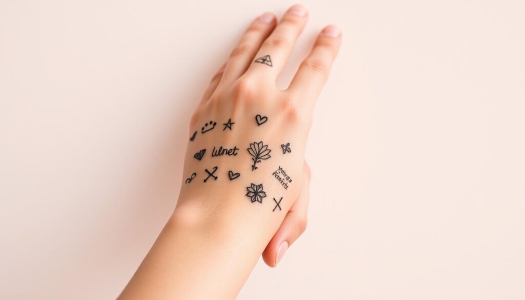 A neatly organized collection of small, delicate tattoos carefully curated on a person's arm or hand. The tattoos are displayed against a soft, muted background, with gentle lighting that accentuates the intricate designs. The scene evokes a sense of thoughtfulness and personal expression, as the tattoos are presented in a visually appealing and harmonious manner. The composition highlights the unique and meaningful nature of the tattoo collection, conveying the idea of a carefully considered and intentional body art curation.