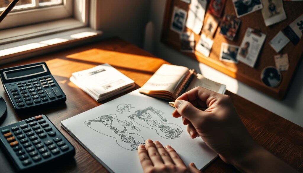 A neatly organized desk with a calculator, a stack of bills, and a sketchbook open to a page of tattoo designs. Warm, natural lighting filters through a nearby window, casting a soft glow on the scene. In the foreground, a hand holds a pen, poised to jot down budget-conscious notes about the upcoming tattoo session. The background features a corkboard with tattoo-related clippings and inspirational imagery, hinting at the creative and thoughtful process of planning one's next ink. An atmosphere of careful financial planning and artistic consideration pervades the image.