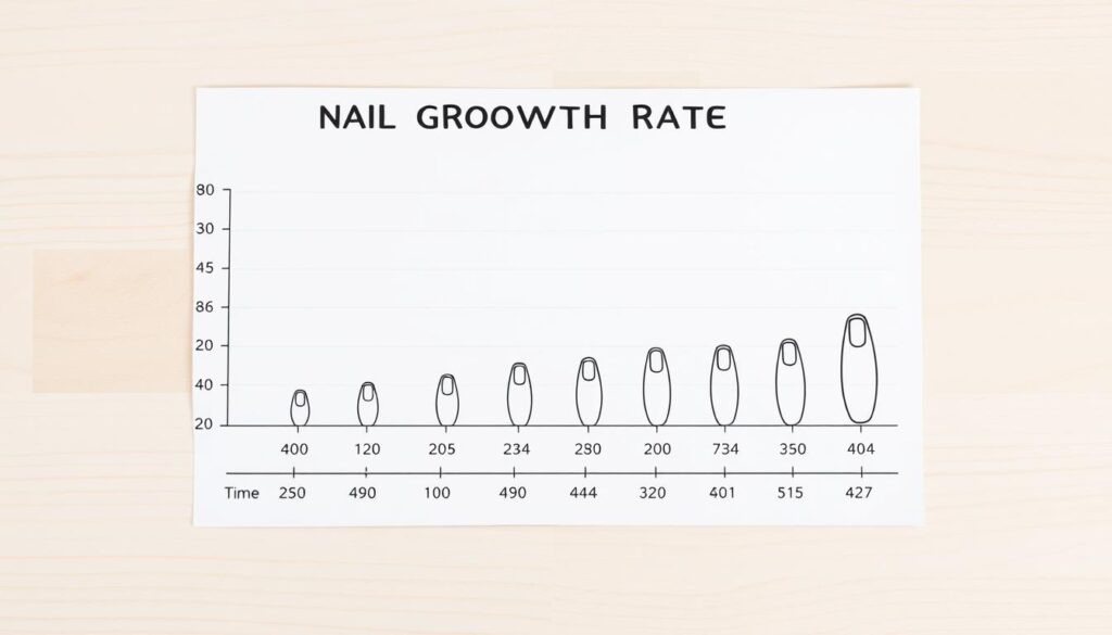 A neatly organized nail growth rate chart displayed on a light, wooden background. The chart showcases the average growth rate of human nails over time, presented in a clean, minimalist style. The foreground features precise measurements and numerical data, while the middle ground depicts simple line illustrations of nails at different stages. The background maintains a soft, natural lighting that enhances the overall aesthetic. The entire composition conveys a sense of informative clarity, suitable for inclusion in an educational article about nail health and growth. A neatly organized nail growth rate chart displayed on a light, wooden background. The chart showcases the average growth rate of human nails over time, presented in a clean, minimalist style. The foreground features precise measurements and numerical data, while the middle ground depicts simple line illustrations of nails at different stages. The background maintains a soft, natural lighting that enhances the overall aesthetic. The entire composition conveys a sense of informative clarity, suitable for inclusion in an educational article about nail health and growth.