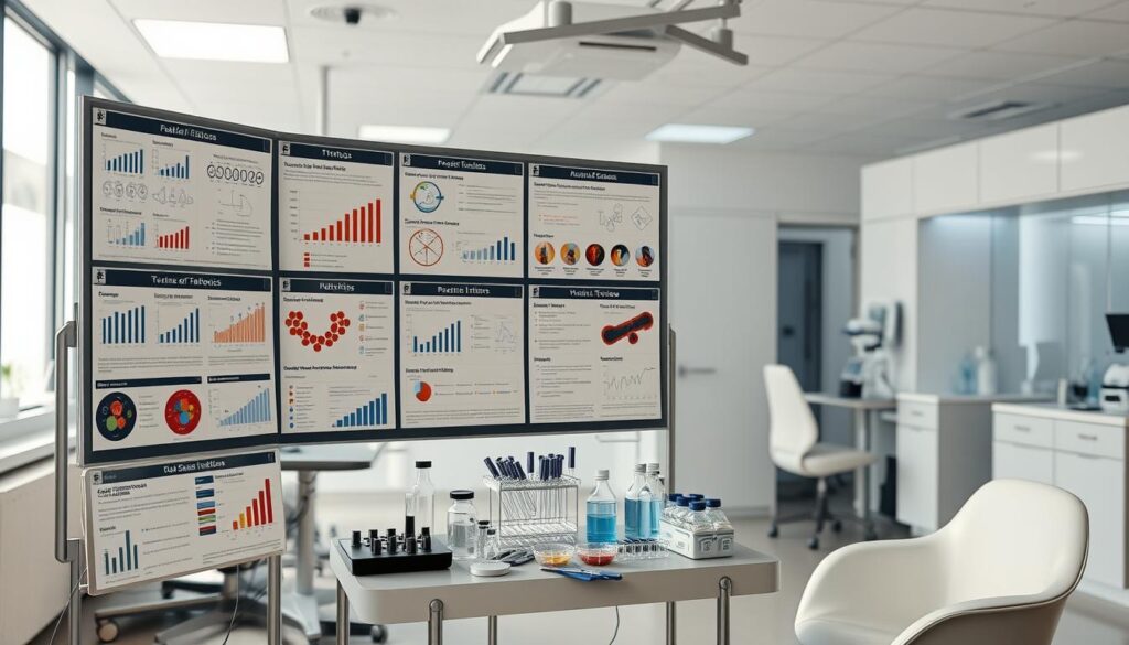 A neatly organized research presentation, showcasing an array of scientific data and findings related to the health impacts of tattoos. The foreground displays a series of medical charts, graphs, and infographics, meticulously crafted to convey complex information in a visually compelling manner. The middle ground features a collection of medical instruments, petri dishes, and lab equipment, hinting at the rigorous experimental processes underlying the research. The background subtly depicts a sterile, well-lit laboratory setting, complete with sleek, modern furnishings and state-of-the-art technology, conveying a sense of professionalism and scientific credibility. The overall mood is one of clinical precision, attention to detail, and a commitment to understanding the nuances of this important health topic.