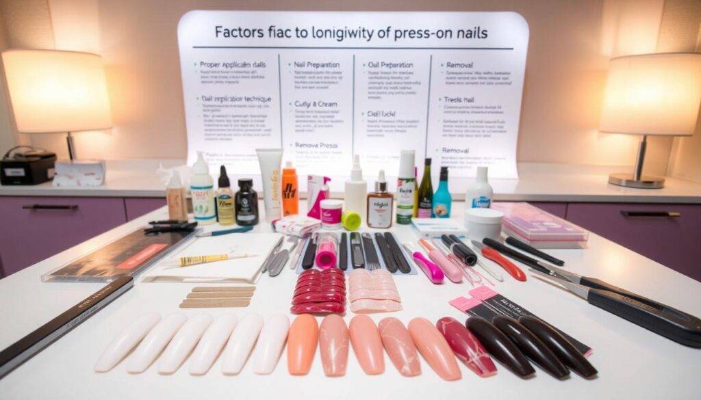A neatly organized tabletop showcasing various factors affecting the longevity of press-on nails. In the foreground, several sets of freshly applied press-on nails in a range of styles and colors. In the middle ground, a collection of nail care tools and products, such as nail files, cuticle creams, and nail polish remover. In the background, a softly-lit wall display highlighting key factors like proper application technique, nail preparation, daily wear and tear, and removal process. The overall scene conveys a sense of informative yet visually appealing exploration of the elements that contribute to the lasting wear of press-on nails. A neatly organized tabletop showcasing various factors affecting the longevity of press-on nails. In the foreground, several sets of freshly applied press-on nails in a range of styles and colors. In the middle ground, a collection of nail care tools and products, such as nail files, cuticle creams, and nail polish remover. In the background, a softly-lit wall display highlighting key factors like proper application technique, nail preparation, daily wear and tear, and removal process. The overall scene conveys a sense of informative yet visually appealing exploration of the elements that contribute to the lasting wear of press-on nails.