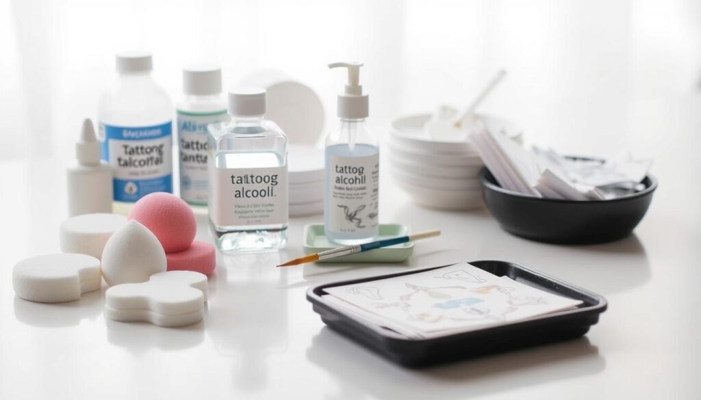 A neatly organized workspace with various skin preparation tools and supplies for temporary tattoos. In the foreground, a clean, well-lit surface showcases a variety of cosmetic sponges, cotton pads, and rubbing alcohol. In the middle ground, a small bottle of tattoo transfer solution and a small paintbrush sit alongside a small tray of temporary tattoo designs. The background features a soft, blurred lighting, creating a calming, professional atmosphere suitable for a how-to guide on temporary tattoo application and longevity.