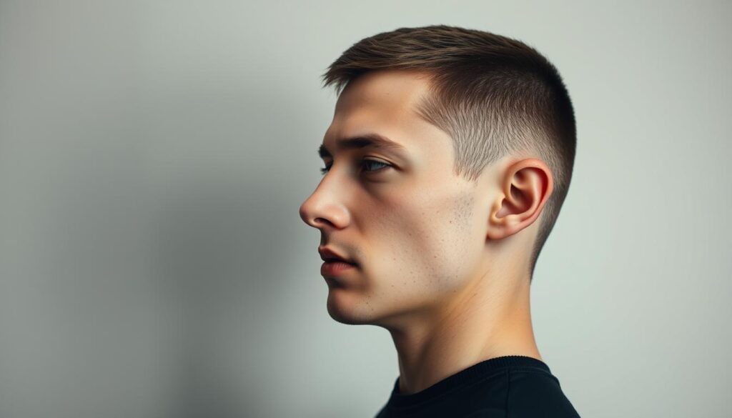 A neatly trimmed, classic men's crew cut hairstyle against a neutral, minimalist background. The subject's hair is short and evenly cropped, with a clean-cut, well-groomed appearance. The lighting is soft and diffused, casting gentle shadows that accentuate the contours of the head. The angle is slightly tilted, creating a sense of depth and dimension. The overall mood is one of timeless sophistication and effortless style, capturing the essence of a timeless, versatile haircut that has stood the test of time.