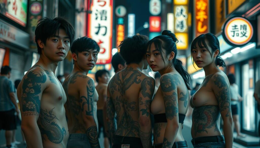 A neon-lit Japanese street at night, the air thick with the hum of modern city life. In the foreground, a group of young Japanese men and women stand proudly, their bodies adorned with intricate, stylized tattoos that blend traditional Japanese motifs with bold, contemporary designs. Delicate cherry blossoms, fierce dragons, and abstract geometric patterns cover their skin, illuminated by the soft glow of LED-lit signage and the occasional flash of a camera. The mood is one of urban sophistication and cultural evolution, as the ancient art of tattooing adapts to the sensibilities of a new generation.