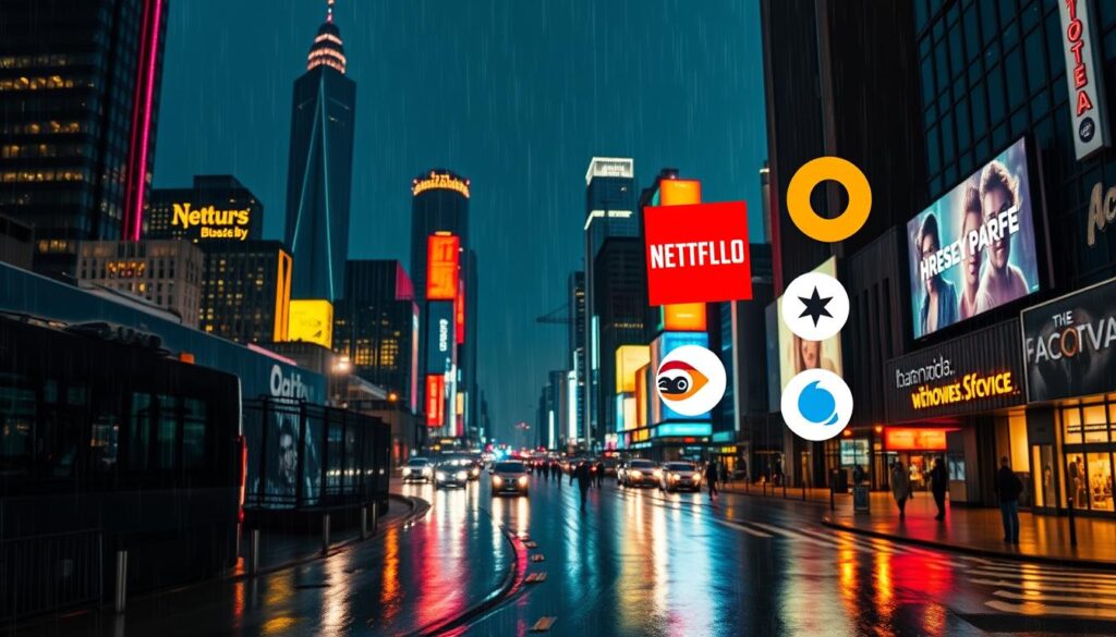 A neon-lit city skyline at night, with skyscrapers and billboards reflecting in the rain-soaked streets below. In the foreground, a collection of streaming service logos float ethereally, their vibrant colors and shapes hinting at the wealth of free movie content available online. The scene has a sense of energy and possibility, suggesting the untapped potential of these free platforms to unlock a world of cinematic exploration.