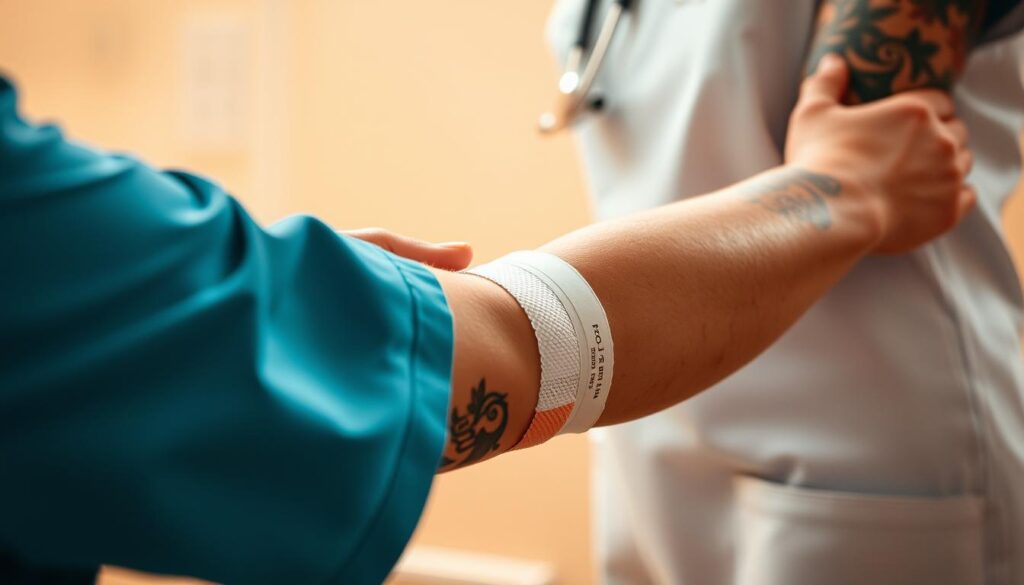 A nurse's arm, adorned with intricate tattoos, gently tends to a patient's bandaged wound. The scene is captured in warm, diffused lighting, conveying a sense of care and professionalism. The nurse's sleeve tattoos are visible, yet they do not detract from the focus on the medical task at hand. The background is blurred, emphasizing the nurse's hands and the patient's arm, showcasing the nurse's competence and dedication to their craft, despite the presence of visible body art.