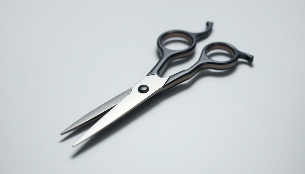 A pair of high-quality, professional-grade hairdressing scissors resting on a sleek, minimalist surface. The blades are made of precision-engineered stainless steel, their sharp edges gleaming under the soft, diffused lighting. The handles are crafted from ergonomic, rubberized material, providing a comfortable and secure grip. The scissors are positioned at a slight angle, highlighting their elegant silhouette and the intricate details of their construction. The background is a clean, neutral tone, allowing the scissors to take center stage and exude a sense of quality, reliability, and sophistication - the hallmarks of a top hair cutting tool. A pair of high-quality, professional-grade hairdressing scissors resting on a sleek, minimalist surface. The blades are made of precision-engineered stainless steel, their sharp edges gleaming under the soft, diffused lighting. The handles are crafted from ergonomic, rubberized material, providing a comfortable and secure grip. The scissors are positioned at a slight angle, highlighting their elegant silhouette and the intricate details of their construction. The background is a clean, neutral tone, allowing the scissors to take center stage and exude a sense of quality, reliability, and sophistication - the hallmarks of a top hair cutting tool.