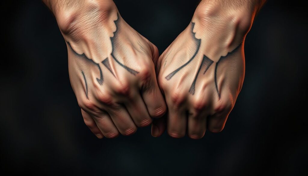 A pair of interlocked hands, fingers intertwined, forming the symbol of brotherhood and loyalty. The tattoos are depicted in a realistic, high-resolution style, with intricate linework and shading. The hands are shown against a moody, atmospheric background, with subtle, warm lighting illuminating the skin and accentuating the depth and texture of the tattoos. The composition is balanced, with the hands positioned prominently in the center, creating a powerful and symbolic visual representation of the concept of brotherhood.