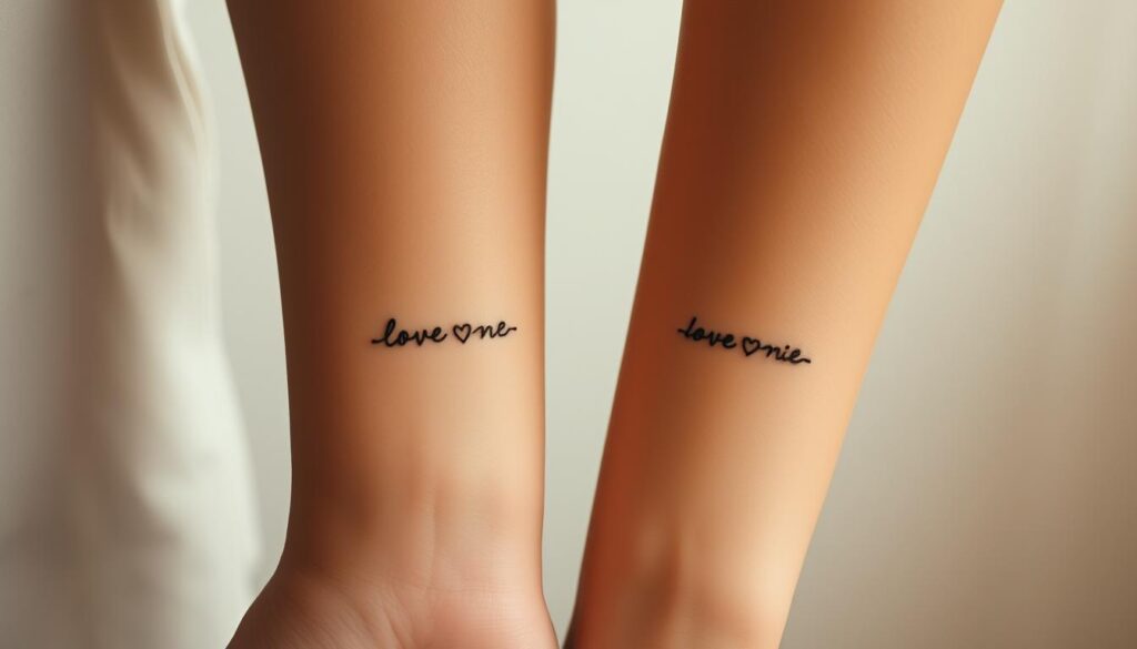 A pair of minimalist, elegant tattoos that subtly interlock, symbolizing the eternal bond between soulmates. The tattoos are delicately inked in a muted, monochrome palette, with clean lines and a minimalist aesthetic. They are positioned on the wrists or forearms of the subjects, creating a sense of quiet, intimate connection. The lighting is soft and diffused, casting a warm, romantic glow on the skin. The composition focuses tightly on the tattoos, with a simple, uncluttered background that allows the design to take center stage. The overall mood is one of understated, timeless love and devotion.