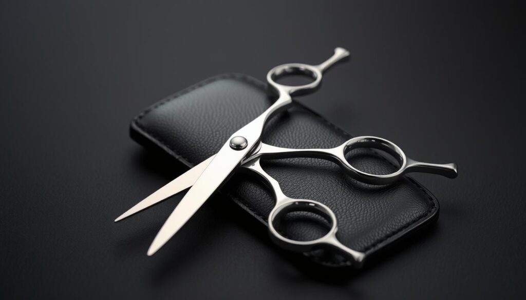A pair of professional hair scissors, silver-plated with sharp, precision-honed blades, resting on a sleek, black leather surface. The scissors are illuminated by a soft, directional light from the left, casting subtle shadows and highlights that accentuate their intricate design. The background is a muted, gradient gray, allowing the scissors to take center stage. The overall composition creates a sense of elegance and sophistication, highlighting the importance of the right tools for a perfect hair trim. A pair of professional hair scissors, silver-plated with sharp, precision-honed blades, resting on a sleek, black leather surface. The scissors are illuminated by a soft, directional light from the left, casting subtle shadows and highlights that accentuate their intricate design. The background is a muted, gradient gray, allowing the scissors to take center stage. The overall composition creates a sense of elegance and sophistication, highlighting the importance of the right tools for a perfect hair trim.