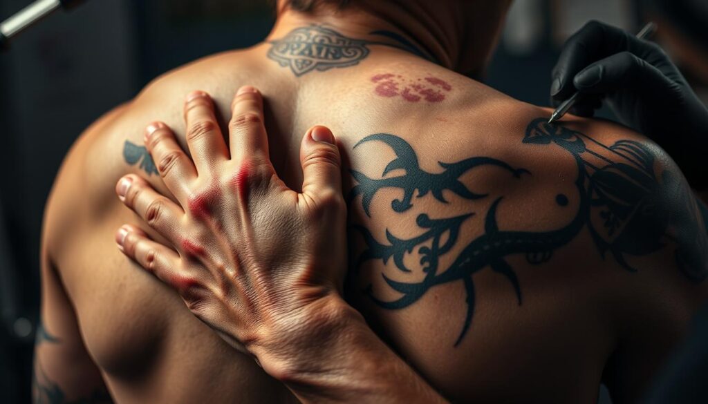 A person gripping their back, face contorted in pain, as they receive a large, intricate tattoo. The tattoo artist's hands and tools are visible, the skin reddened and irritated. The subject is captured in a close-up, dramatic lighting, emphasizing the intensity of the experience. The background is blurred, keeping the focus on the central moment of the tattoo process and the subject's discomfort. The image conveys the pain and perseverance required for a stunning, meaningful back tattoo.