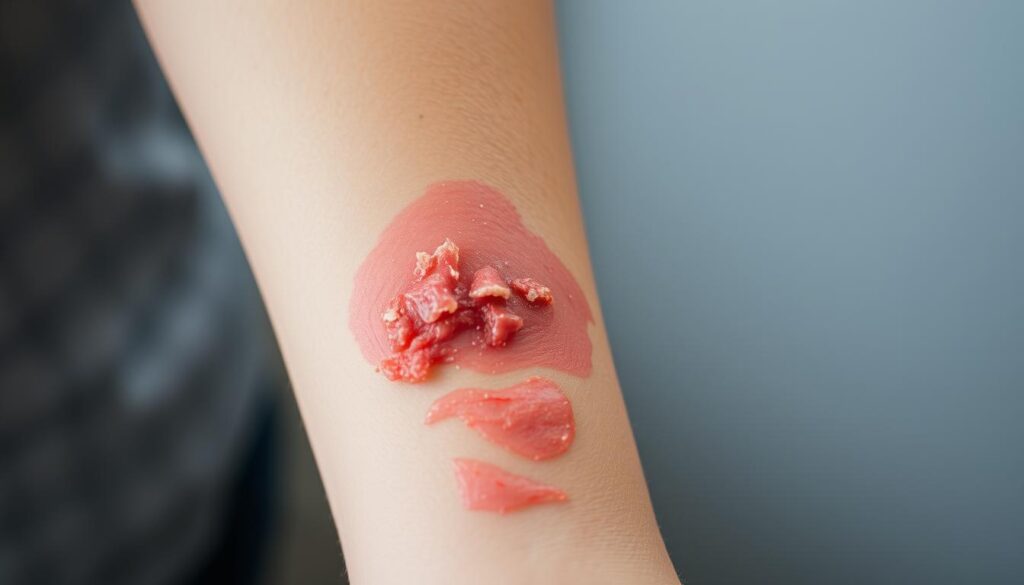 A person's arm with a fresh tattoo during the itching phase, visible against a slightly blurred background. The skin is reddened and irritated, with visible flakes and peeling starting to appear. The lighting is soft and diffused, creating a sense of intimacy and focus on the affected area. The composition emphasizes the discomfort and healing process, conveying the challenges of the second week of tattoo aftercare.