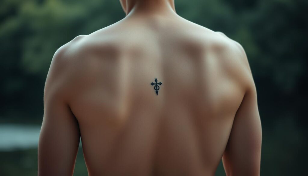 A person's body, illuminated by soft, diffused lighting, standing in a serene, natural setting. The subject's skin is smooth and unblemished, creating a canvas for a thoughtfully placed tattoo design. The tattoo, intricate and symbolic, is situated on a prominent area of the body, such as the shoulder, back, or forearm, drawing the viewer's attention. The background is blurred, with hints of lush greenery or a tranquil body of water, creating a sense of balance and harmony. The overall mood is one of contemplation and self-expression, reflecting the significance of the chosen tattoo placement.