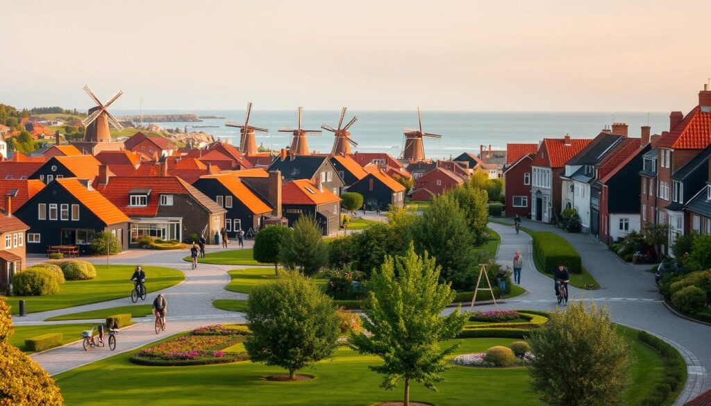 A picturesque coastal town in Denmark, with red-roofed houses and cobblestone streets. Windmills dotting the horizon, harnessing the power of the wind. Bicyclists cruising through the streets, a symbol of Denmark's commitment to sustainable transportation. In the foreground, a lush green park with people enjoying the outdoors, surrounded by well-maintained gardens and trees. The scene is bathed in warm, golden light, creating a cozy and inviting atmosphere. The overall impression is one of a harmonious, eco-friendly, and livable city that embodies Denmark's reputation as a sustainable country.