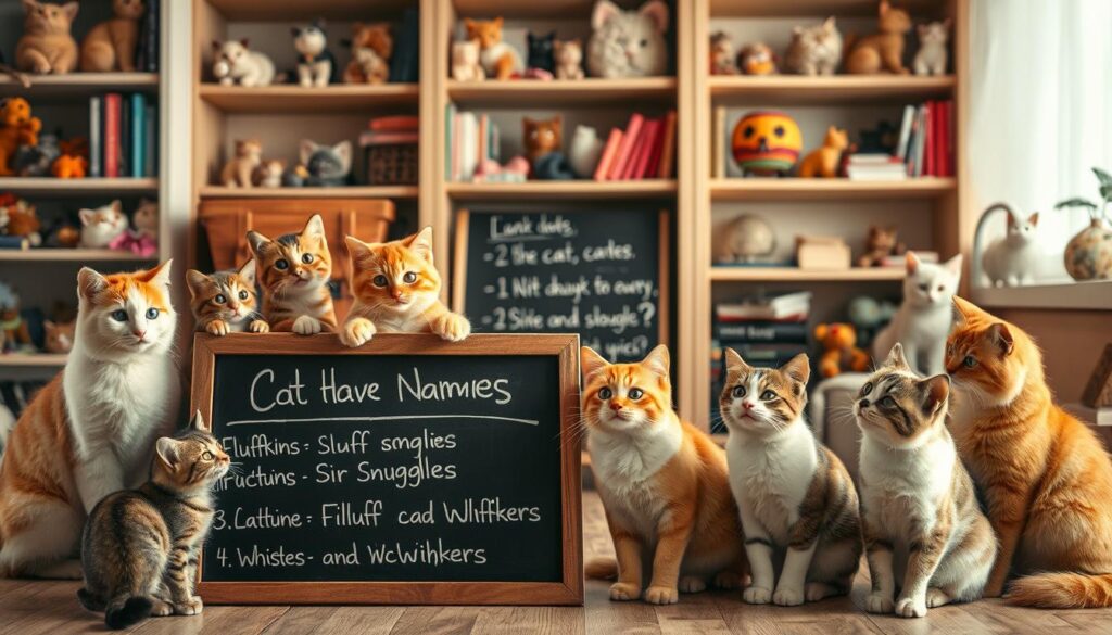 A playful and whimsical scene depicting common cat naming pitfalls. In the foreground, a group of curious felines gather around a chalkboard, examining a list of unfortunate moniker options such as "Fluffkins", "Sir Snuggles", and "Whiskers McWhiskers". The middle ground features a variety of cat toys and accessories, hinting at the temptation to choose overly cutesy names. In the background, shelves filled with cat-themed books and knickknacks create a cozy, homely atmosphere. Soft, warm lighting bathes the scene, capturing the lighthearted mood. The composition is dynamic, with the cats' poses conveying a sense of inquiry and the overall layout guiding the viewer's eye through the frame.