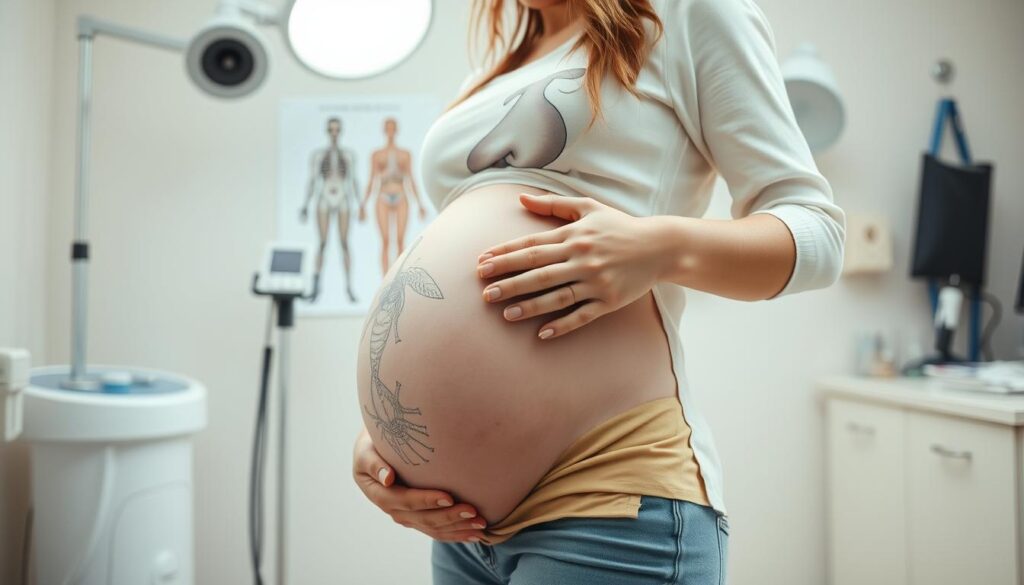 A pregnant woman standing in a serene, softly-lit studio, examining a detailed anatomical diagram of the human body. Her hand gently touches her abdomen, conveying a sense of care and caution. In the background, subtle medical equipment and soothing pastel colors create an atmosphere of professionalism and safety. The scene emphasizes the importance of informed decision-making and prioritizing the well-being of both the mother and the unborn child during pregnancy, particularly when considering a tattoo.