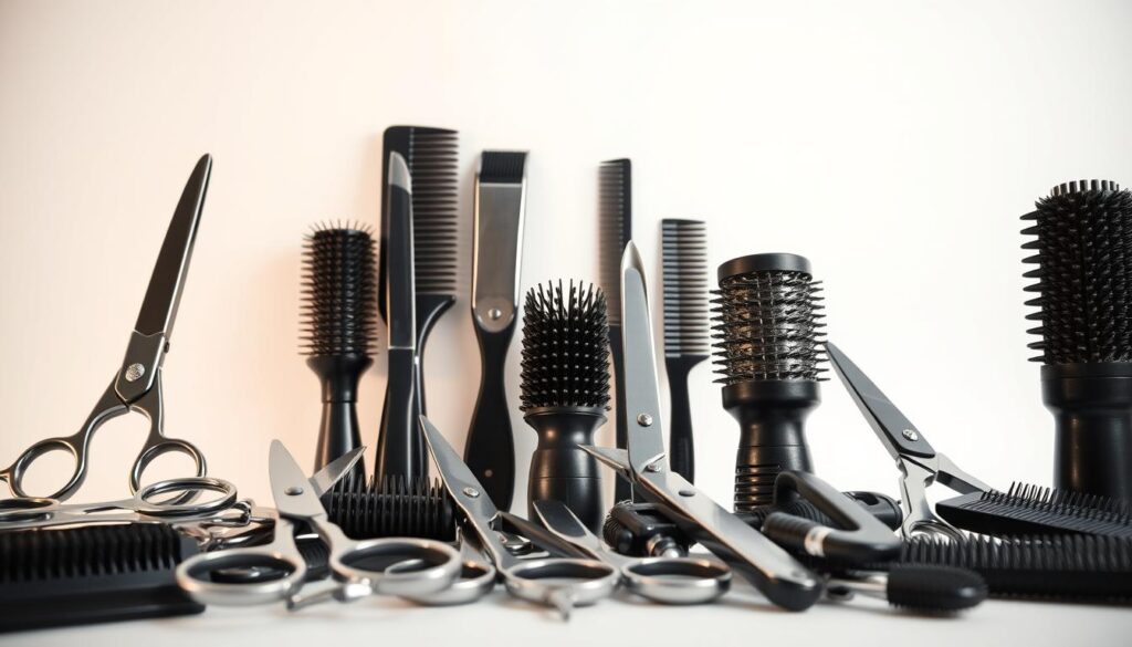A pristine, well-lit studio scene showcasing a collection of professional styling tools for a curly wolf cut hairstyle. In the foreground, an array of high-quality haircutting scissors, thinning shears, and razors in gleaming chrome and black finishes. In the middle ground, a selection of customized combs and brushes with dense, sculpted bristles in a range of sizes. In the background, a softly lit backdrop highlights the intricate textures and contours of these specialized tools, conveying a sense of precision and expertise. The overall mood is one of sleek, modern sophistication, perfectly suited to illustrate the section on expert styling and maintenance for a wolf cut on curly hair.