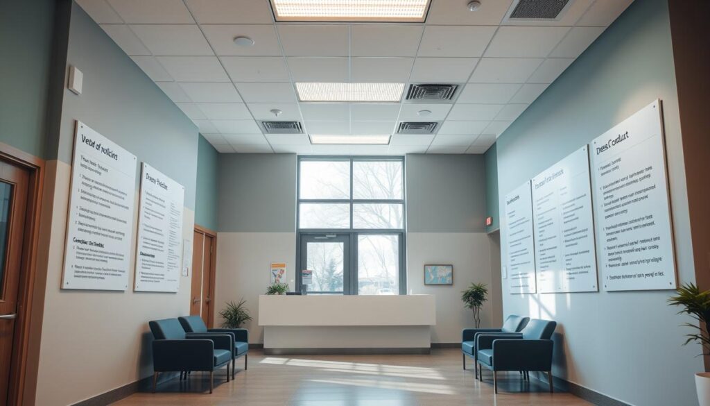 A professional, modern healthcare facility interior with a prominent reception desk and waiting area. The atmosphere is calm and welcoming, with natural lighting filtering through large windows. The decor features a minimalist aesthetic, with clean lines, neutral tones, and subtle accents of green and blue. The walls display informative posters outlining the facility's policies, dress code, and code of conduct in a clear, easy-to-read format. The overall impression is one of professionalism, efficiency, and a commitment to patient care.