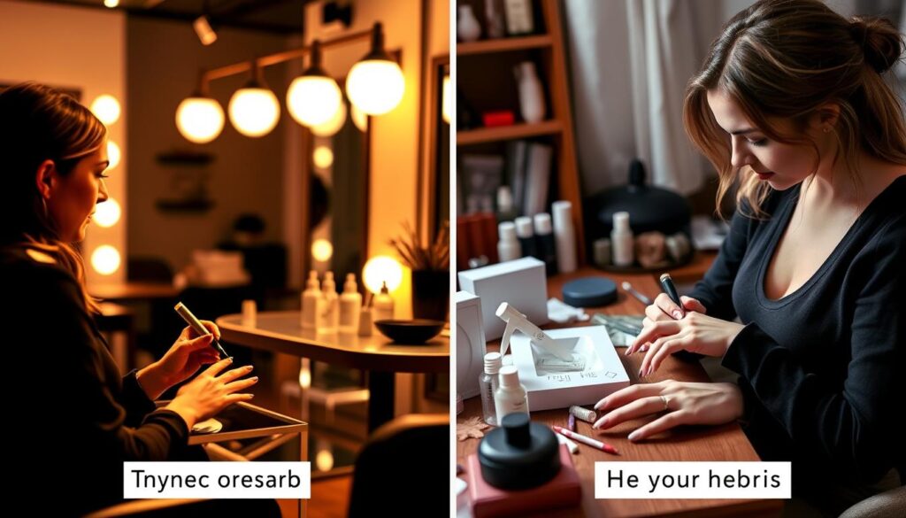A professional salon setting on the left, with a stylish manicurist carefully applying gel polish to a client's nails, under warm, flattering lighting. On the right, a cozy home environment, with a person painting their own nails with a gel kit, surrounded by nail care products. The images showcase the contrast between the precise, meticulous salon experience and the more casual, DIY approach of at-home gel manicures, inviting the viewer to consider the trade-offs between the two.