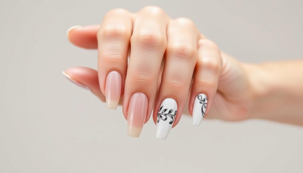 A professional, well-lit, close-up photograph of a manicured hand showcasing various advanced nail treatments. The fingernails are meticulously groomed, featuring a range of techniques such as gel manicures, acrylic overlays, and intricate nail art designs. The lighting is soft and flattering, highlighting the glossy, flawless finish of the nails. The hand is posed elegantly, with the fingers slightly spread to display the treatments in detail. The background is a clean, neutral tone, allowing the nails to be the focal point. The overall mood is one of sophisticated, high-quality nail care that could be found in a premier salon or spa. A professional, well-lit, close-up photograph of a manicured hand showcasing various advanced nail treatments. The fingernails are meticulously groomed, featuring a range of techniques such as gel manicures, acrylic overlays, and intricate nail art designs. The lighting is soft and flattering, highlighting the glossy, flawless finish of the nails. The hand is posed elegantly, with the fingers slightly spread to display the treatments in detail. The background is a clean, neutral tone, allowing the nails to be the focal point. The overall mood is one of sophisticated, high-quality nail care that could be found in a premier salon or spa.