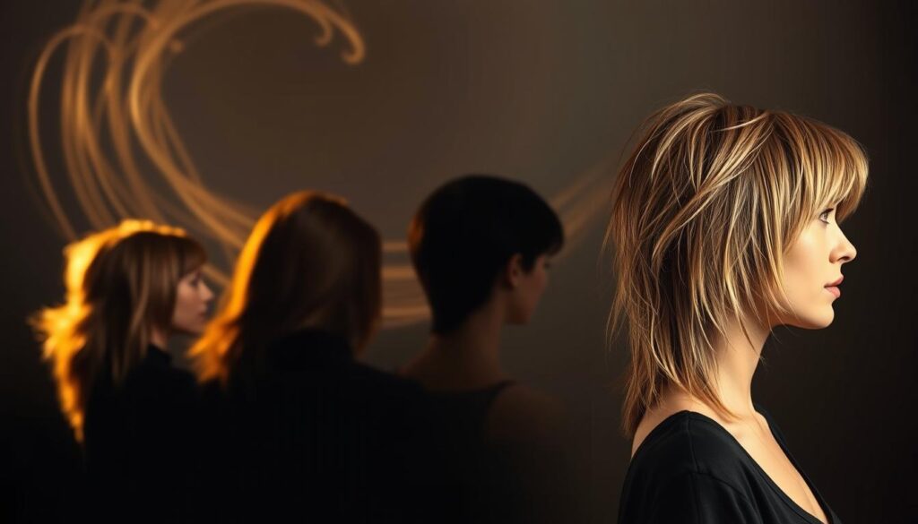 A progression of hairstyles, from the iconic 70s mullet to the modern shag. In the foreground, a stylized portrait showcases the evolution - starting with a classic mullet, its voluminous layers and distinct long back fading into a more textured, tapered shag. Diffused, warm lighting casts dramatic shadows, highlighting the dynamic movement and texture of the hair. The middle ground features swirling, atmospheric elements that suggest the passage of time, while the background fades to a moody, muted palette - hinting at the enduring influence of these timeless looks.