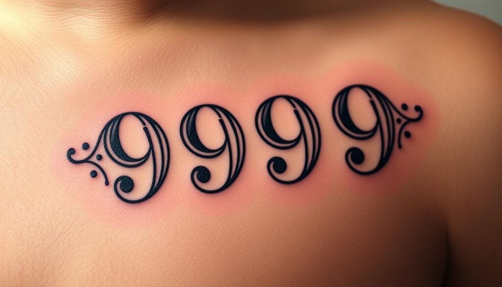 A realistic and detailed tattoo design featuring the numeric sequence "999", serving as a poignant tribute to the late rapper Juice WRLD. The tattoo is rendered in a hyper-realistic style, with intricate line work, subtle shading, and a sense of depth and dimension. The numbers are depicted in a bold, stylized font, with each digit enclosed within a delicate, ornamental frame. The overall composition evokes a sense of reverence and personal significance, as if the tattoo is a deeply meaningful memorial to the artist and his legacy. The image is captured under soft, directional lighting that accentuates the tattoo's texture and contours, creating a somber, contemplative mood.