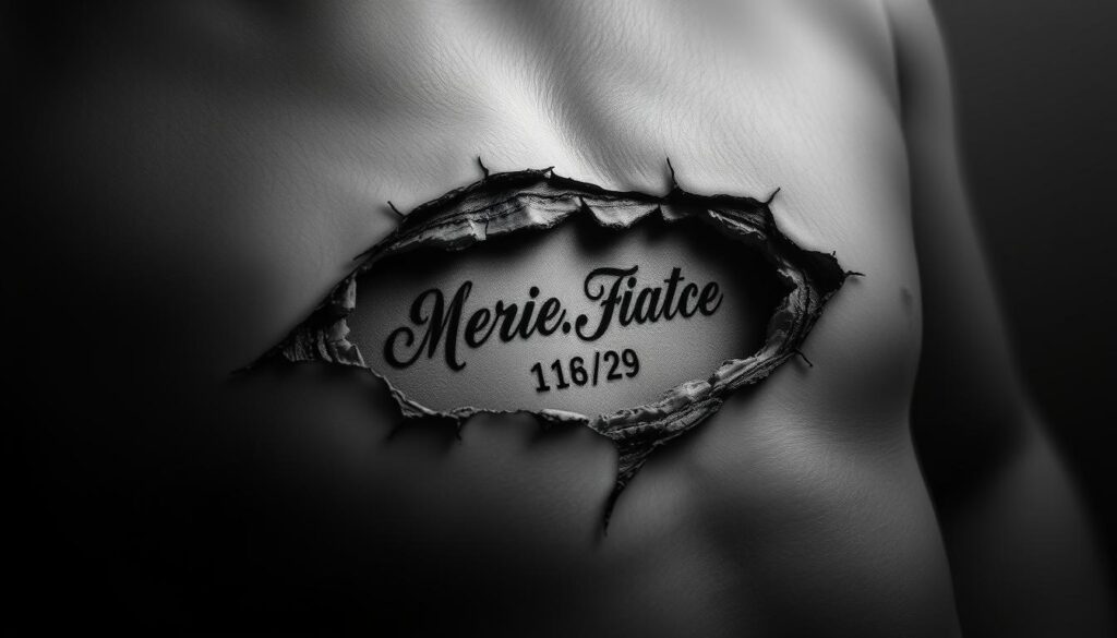A realistic black and gray tattoo design of a ripped skin revealing a name and date within a memorial-style frame, set against a dimly lit, moody background. The tattoo is centered on the foreground, with intricate shading and linework capturing the raw, emotive essence of a tribute to a dearly departed loved one. The background features a somber, atmospheric lighting, casting subtle shadows and highlights to create a pensive, contemplative mood. The overall composition emphasizes the personal, heartfelt nature of this memorial ink.