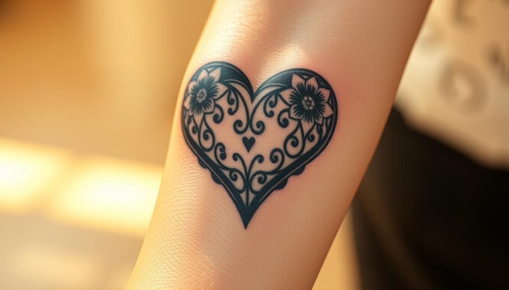 A realistic heart-shaped memorial tattoo on a person's forearm, with intricate floral designs and a somber, elegant appearance. The tattoo is positioned prominently, with detailed shading and lifelike rendering. The middle ground features a softly blurred background, creating a sense of focus on the tattoo. The lighting is warm and gentle, casting subtle shadows that accentuate the tattoo's depth and dimension. The overall mood is one of reverence, remembrance, and a tribute to a lost loved one.