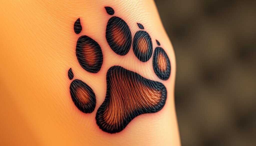 A realistic paw print tattoo with intricate, lifelike details against a contrasting, softly blurred background. The tattoo design should feature bold, expressive brush strokes and delicate shading, capturing the essence of a dog's paw in a striking, visually compelling manner. The lighting should be warm and natural, creating depth and dimension. The overall composition should convey a sense of reverence, honoring the memory of a beloved canine companion.