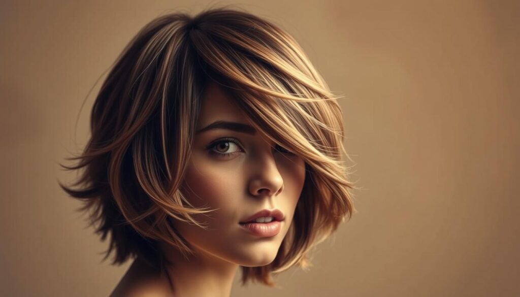 A retro hairstyle fusion, blending elements of the classic wolf cut with a touch of vintage charm. In the foreground, a stylized subject with cascading layers of hair, framing the face in a soft, feathered silhouette. The middle ground showcases subtle highlights and dimensional shading, creating depth and texture. The background features a muted, nostalgic color palette, evoking a sense of timeless elegance. Warm, directional lighting accentuates the sculpted waves and subtle volume, while a vintage-inspired lens effect adds a subtle, dreamlike quality to the overall composition. The result is a captivating blend of contemporary and retro aesthetics, perfectly capturing the evolution of the iconic wolf cut.
